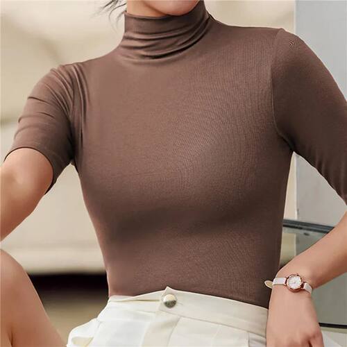 Basic Cotton T Shirt Women Turtleneck Slim Tshirt Short Slee