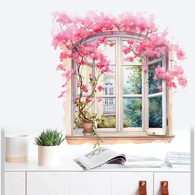 M724 Pink Flower Window Funny  Wall Sticker Kids Room Backgr