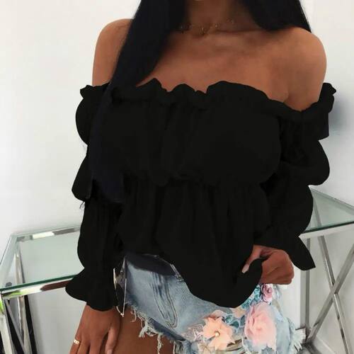 Women Blouse Solid Color Long Sleeve Lace Off Shoulder Ruffl