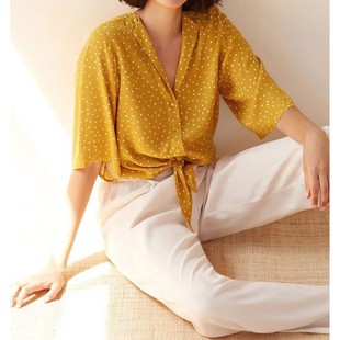 Yellow Polka Dots Elfbop Blouse Women Lapel Shirt 2024ss