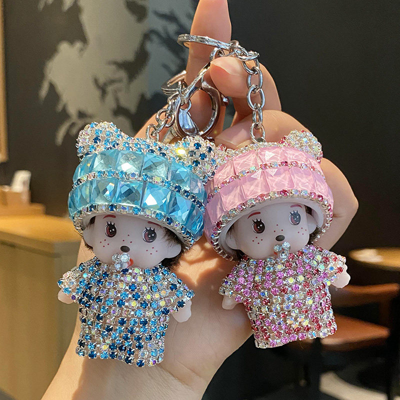 卡通镶钻蒙奇奇公仔钥匙扣女韩国可爱娃娃毛绒甜美简约精致小挂件