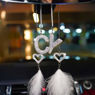 汽车后视镜情侣名字缩写吊坠车饰闺蜜礼物 汽车镶钻字母挂件网红款
