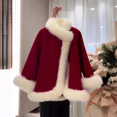 设计感小众披风斗篷呢子大衣秋冬季 圣诞节红色新年外套名媛风上衣