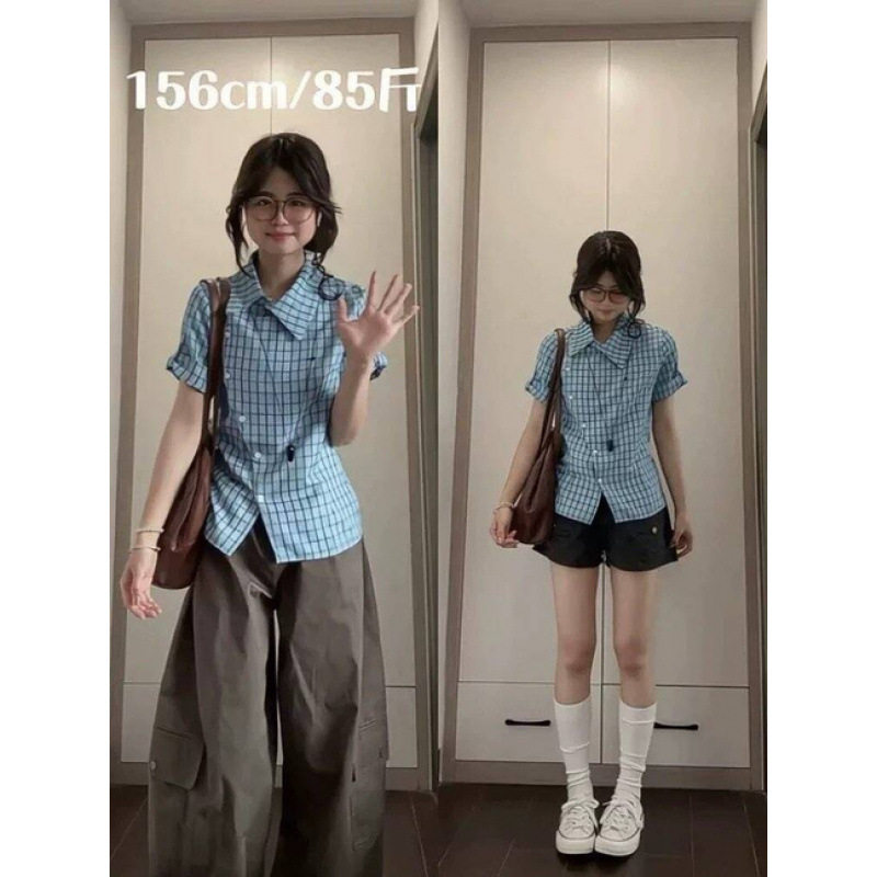 美式蓝色格子短袖衬衫女2