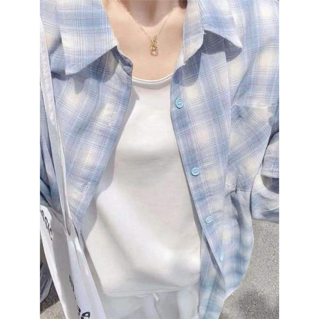 蓝色格子衬衫女宽松休闲