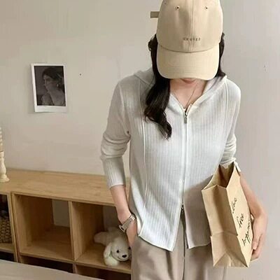 早秋纯色百搭双拉链连帽
