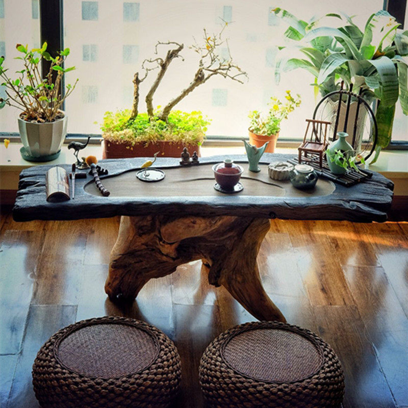 阳台茶桌椅组合 天然乌木根雕茶桌 日式矮茶桌 家用阳台小茶台
