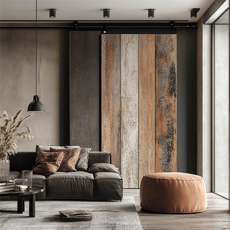 谷仓门推拉门 隐形吊轨门 侘寂风创意谷仓移门 实木背景墙装饰板