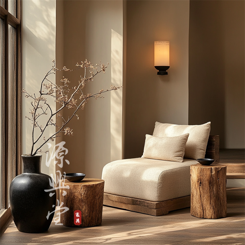 侘寂风家用单人沙发 实木单人休闲椅阳台沙发椅 源兴堂单人沙发椅