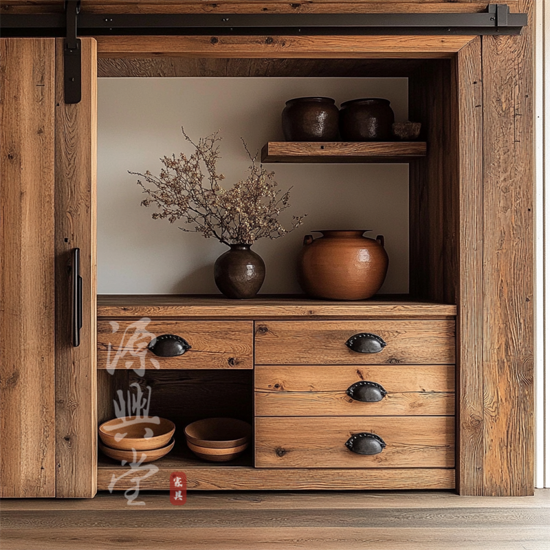 侘寂风厨房餐边柜 家用陈列柜 实木收纳柜储物衣柜阳台柜 源兴堂