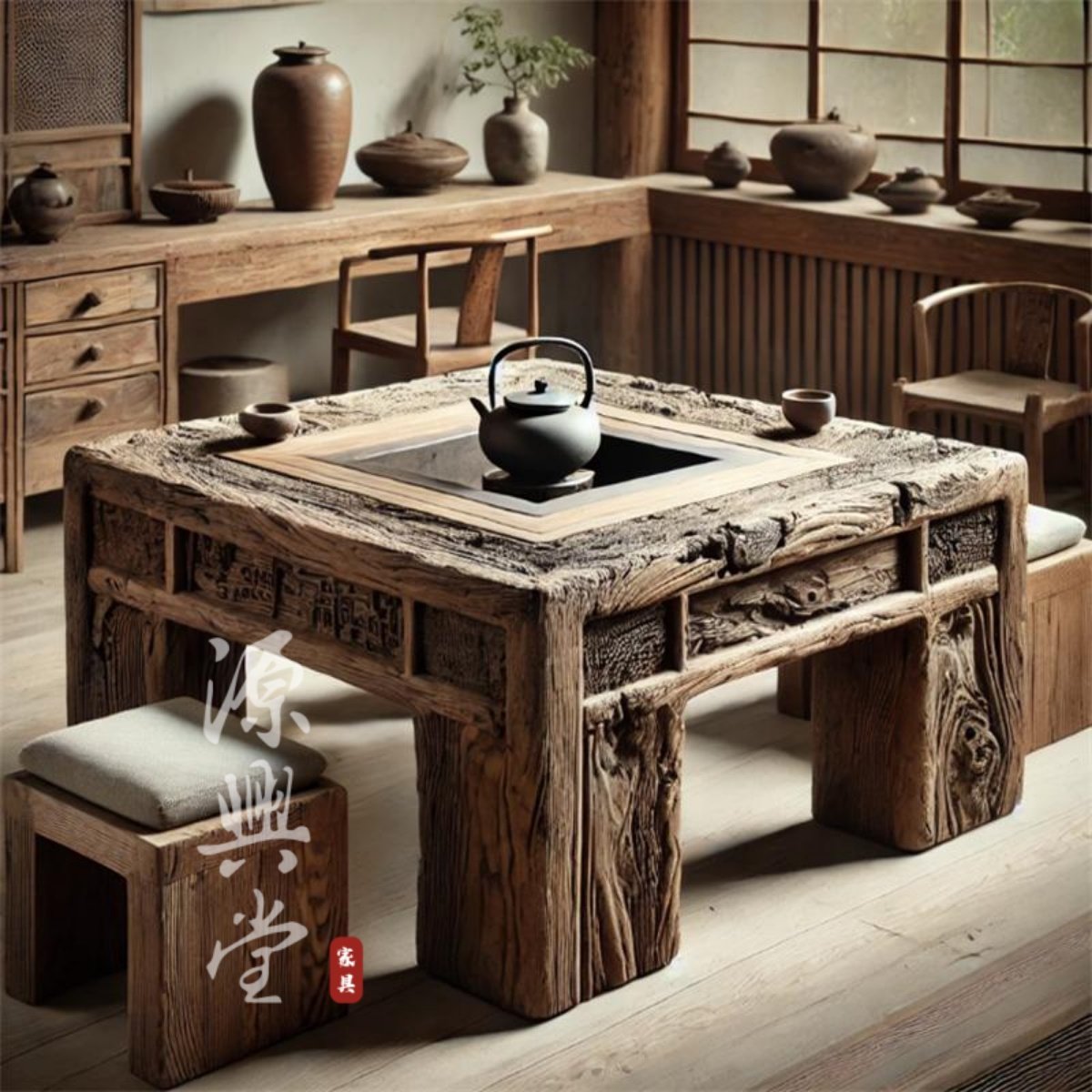 侘寂风碳炉煮茶桌椅 围炉煮茶烧烤一体桌室内 定制围炉煮茶桌子,住宅家具,家用茶台/茶桌,淘宝优惠券,粉丝福利购,淘宝优惠卷