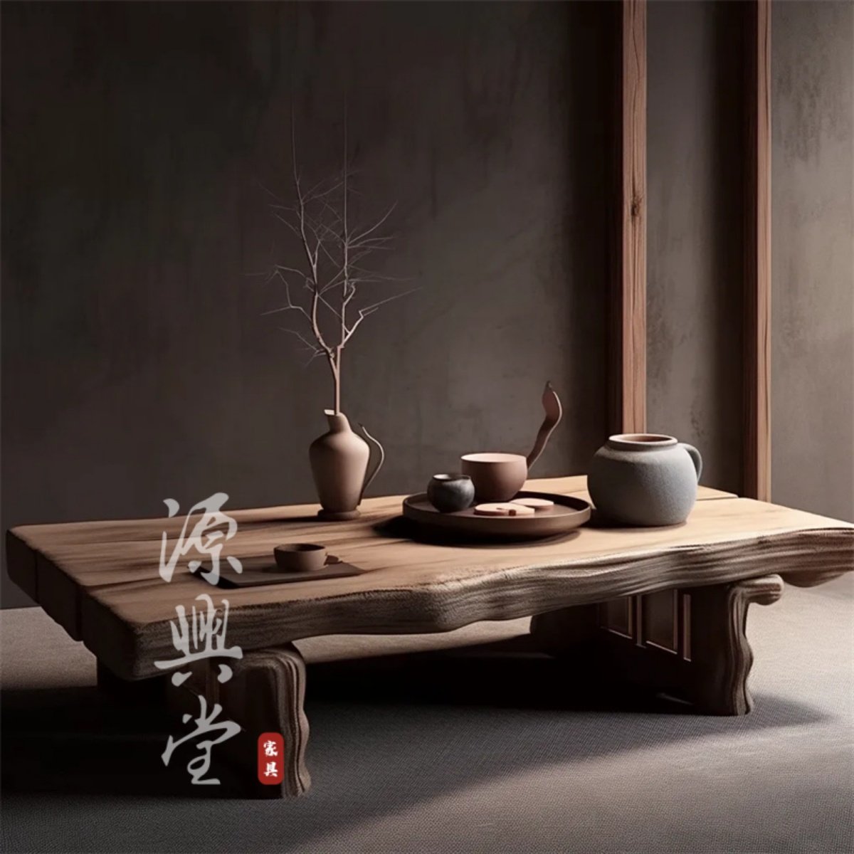 宋式美学极简沙发茶几实木小户型客厅茶几复古风+沙发前实木茶几