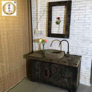 浴室柜组合 实木落地洗漱台卫生间阳台洗手洗脸盆柜 老船木浴室柜