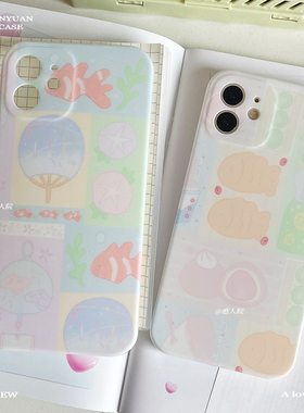 夏日拼贴手绘金鱼风铃大福冰沙imd手绘日系y2k可爱原创猫狗全包手机壳适用苹果15plus14pro max1311 12iphone