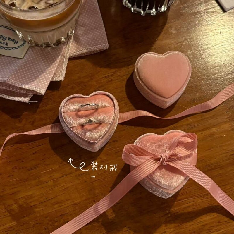 ”系带植绒爱心戒指盒”少女心饰品对戒求婚订婚结婚戒指收纳盒