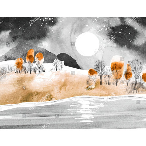 水彩手绘冬季雪景树木山脉插画设计素材国风插画矢量格式