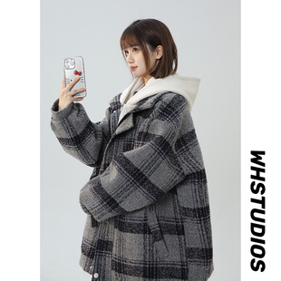 小个子短款毛呢外套女2024年新款秋冬季加厚格子大衣假两件上衣服