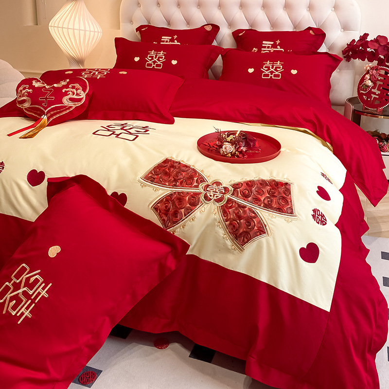 时尚婚庆四件套100支纯棉长绒棉结婚床上用品高档红色陪嫁礼盒装