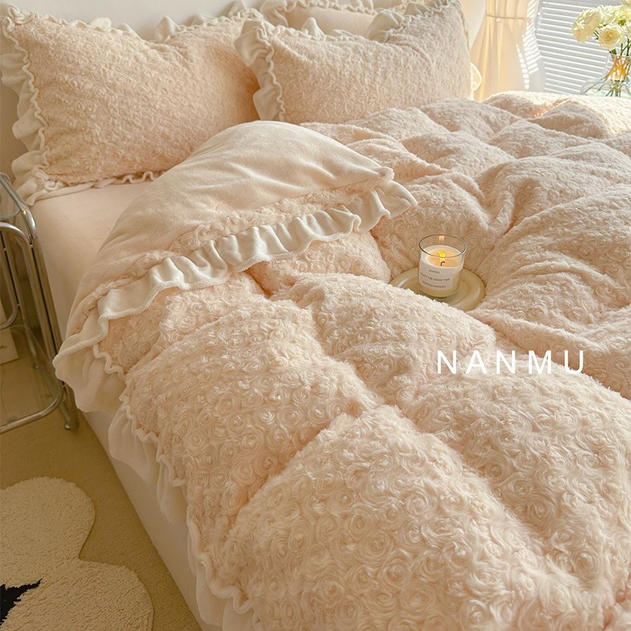 奶油玫瑰｜仙女花边款加厚牛奶绒四件套冬天獭兔绒法莱绒1.8床笠