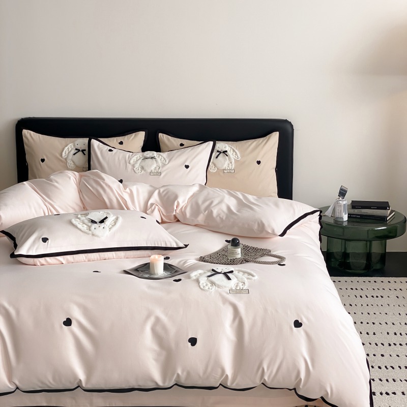 高端黑边刺绣爱心100S长绒棉全棉床上磨毛四件套粉色少女心可爱风