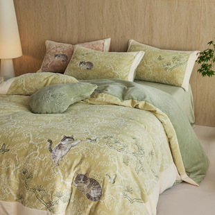 绿色四件套轻奢简约风秋冬牛奶绒毛巾绣纯色柔软加厚被套床上用品