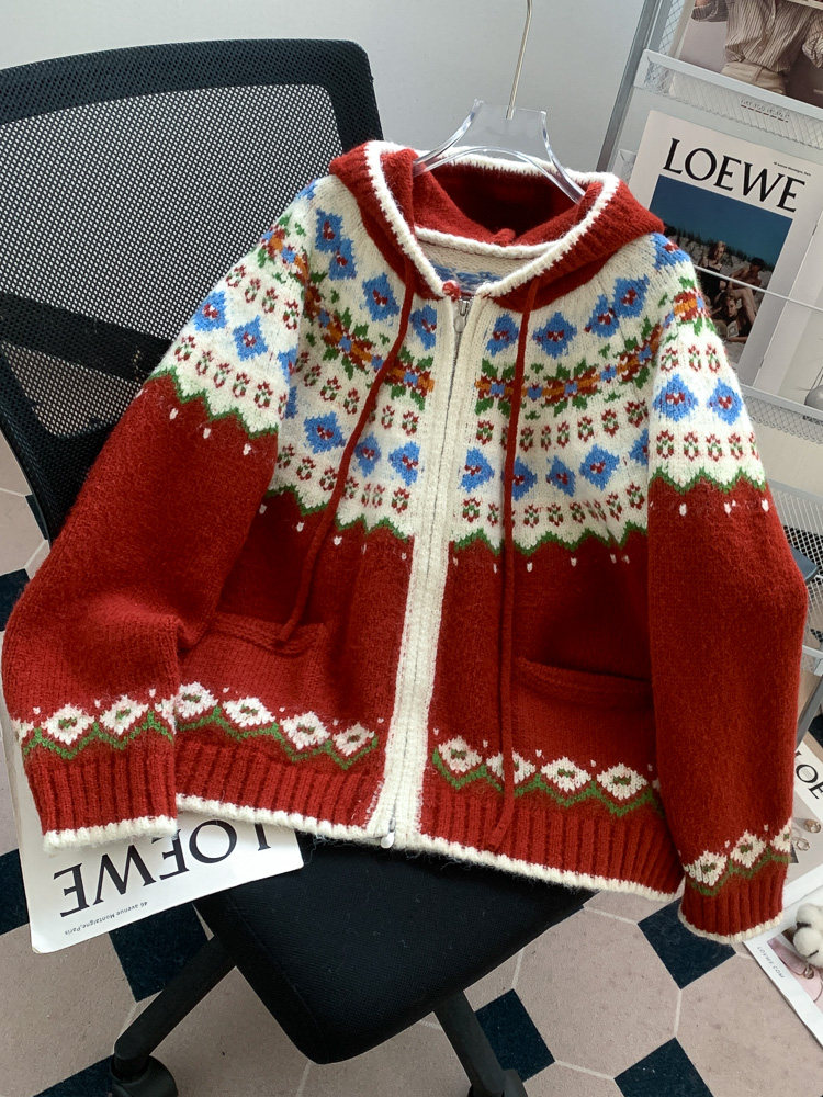 费尔岛宽松连帽红色新年衣服女款毛衣外套2025新款穿搭慵懒风开衫