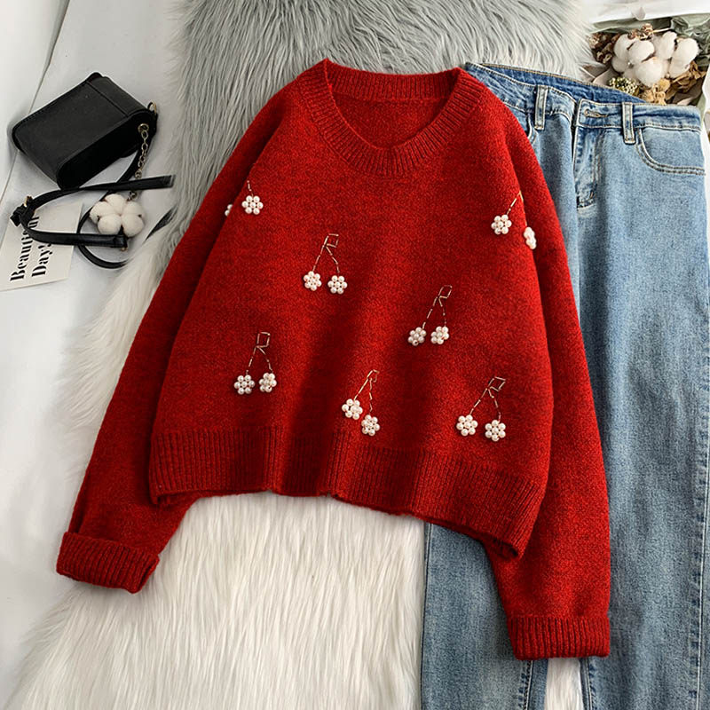 韩版樱桃钉珠套头红色毛衣女秋冬2019新款宽松长袖短款上衣ins潮