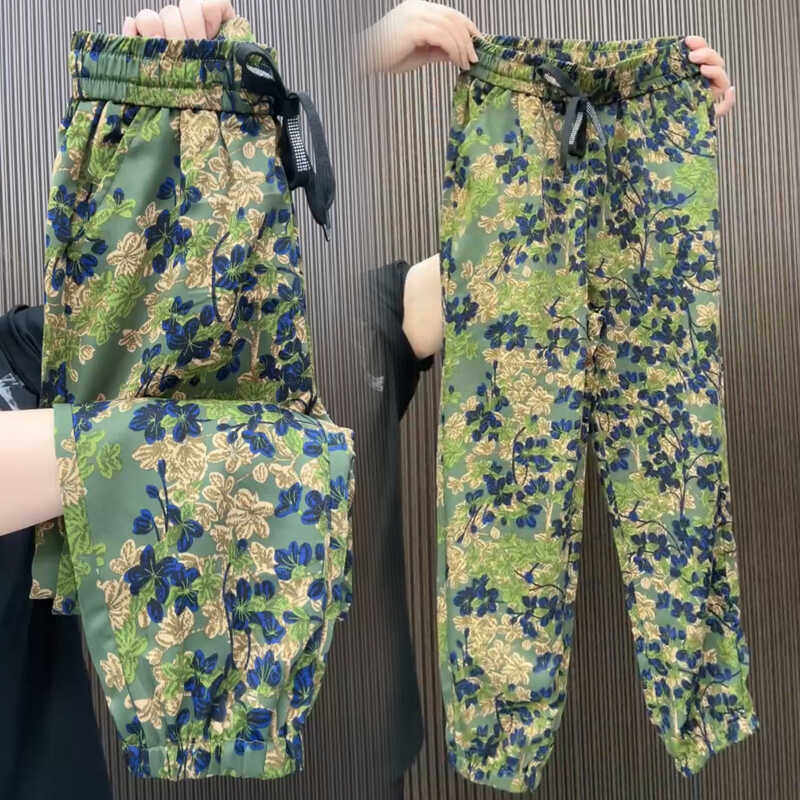 冰丝休闲裤女夏季薄款国风哈伦束脚花裤夏天宽松奶奶裤显瘦凉凉裤
