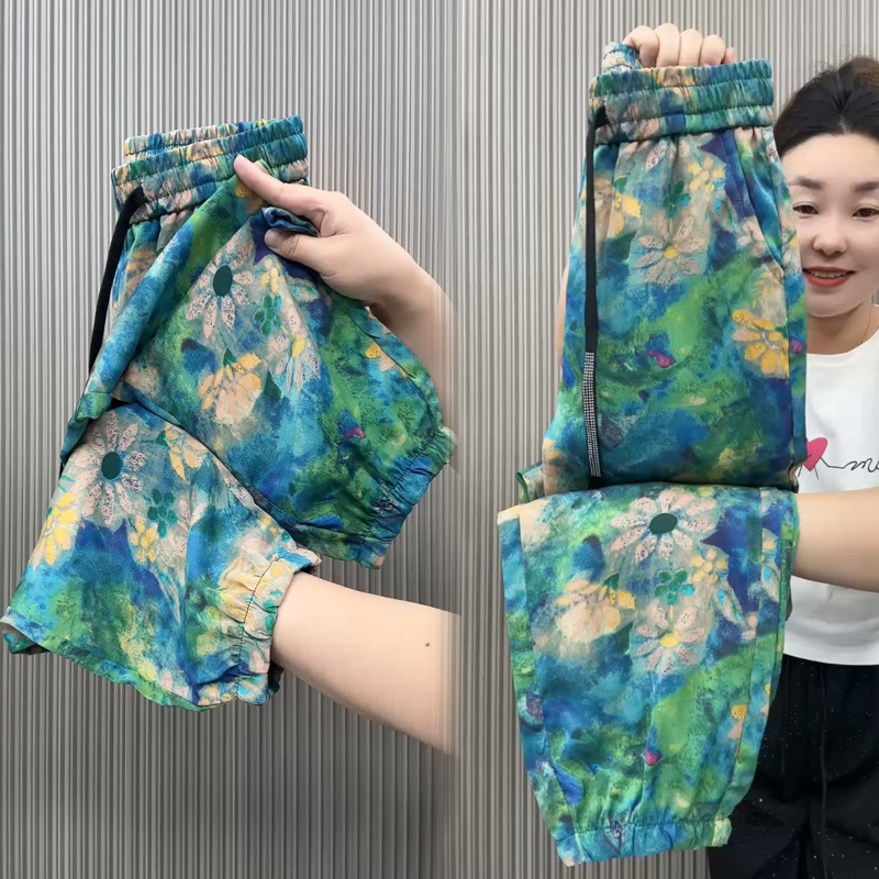 2024夏季薄款凉凉裤女束脚裤百搭显瘦休闲裤碎花洋气花裤九分裤子