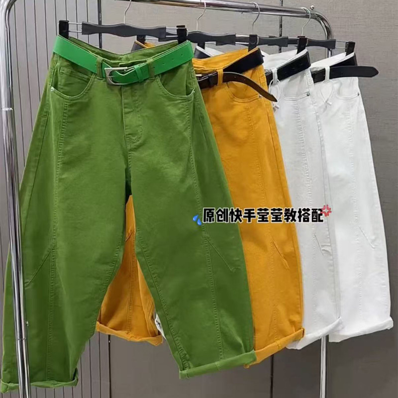 水洗棉休闲裤女春季新款高腰弯刀裤女宽松百搭九分裤糖果色网红款