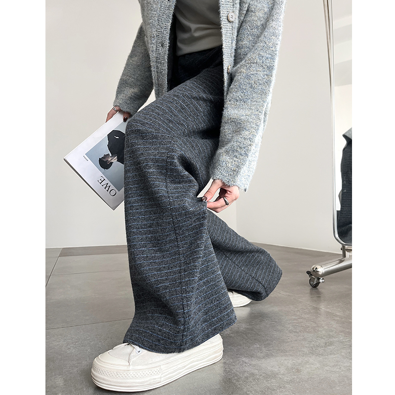 冬季新款宽松休闲羊毛条纹阔腿裤