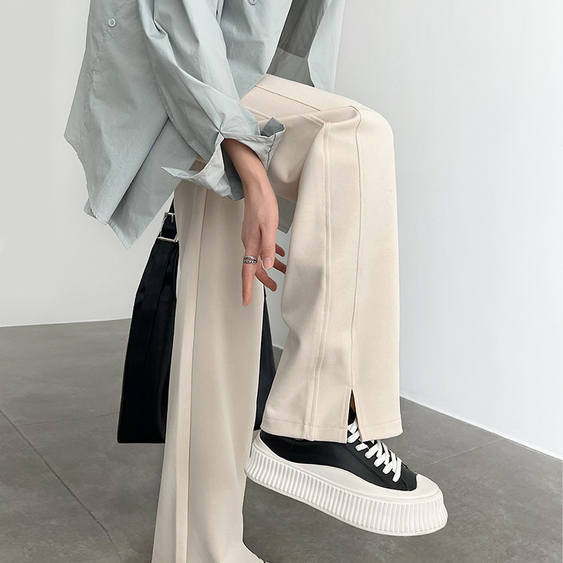 米白色窄版阔腿裤女春秋2024新款高腰垂感宽松休闲冰丝直筒开叉裤,女装/女士精品,休闲裤,淘宝优惠券,粉丝福利购,淘宝优惠卷