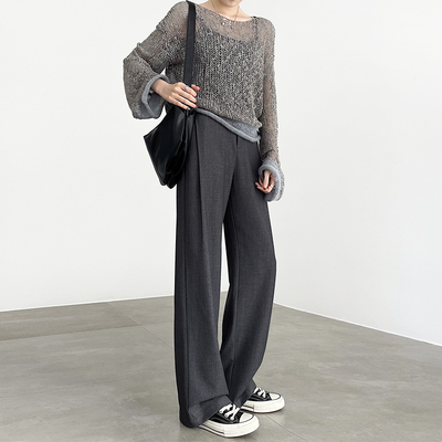 灰色阔腿裤女春秋2025新款高腰垂感夏季休闲设计感直筒窄版西装裤