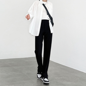 小个子高腰显瘦冰丝侧开叉直筒裤 黑色窄版 春秋款 女2024新款 阔腿裤