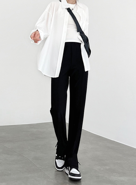 黑色窄版阔腿裤女2024新款春秋款小个子高腰显瘦冰丝侧开叉直筒裤