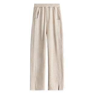 人字纹加绒阔腿裤女秋冬2025新款毛呢开叉裤子直筒羊毛窄版香蕉裤