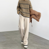 子女冬季 2025新款 高腰窄版 人字纹加厚加绒裤 直筒小个子毛呢阔腿裤