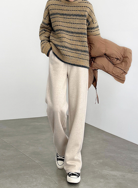 人字纹加厚加绒裤子女冬季2025新款高腰窄版直筒小个子毛呢阔腿裤