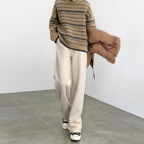 秋冬款加绒加厚人字纹毛呢阔腿裤