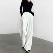 女春秋2025新款 高腰垂感高级感休闲不透直筒窄版 西装 白色阔腿裤 裤