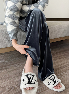 金丝绒阔腿裤女秋冬季2024新款加绒垂坠感小个子直筒拖地丝绒裤子