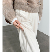 子女冬季 2025新款 加厚休闲醋酸羊毛窄版 白色加绒裤 直筒毛呢阔腿裤