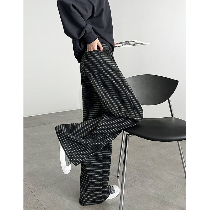 冬季新款宽松慵懒条纹羊毛阔腿裤