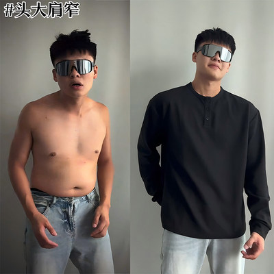 cleanfit黑色亨利领长袖t恤男春秋季无帽卫衣正肩美式内搭打底衫