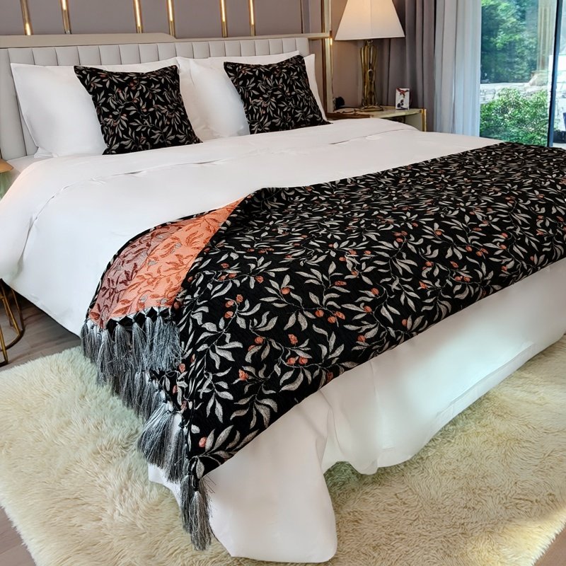 侘寂风酒店高端床尾巾床旗黑色床搭巾床尾毯盖毯法式沙发装饰搭毯