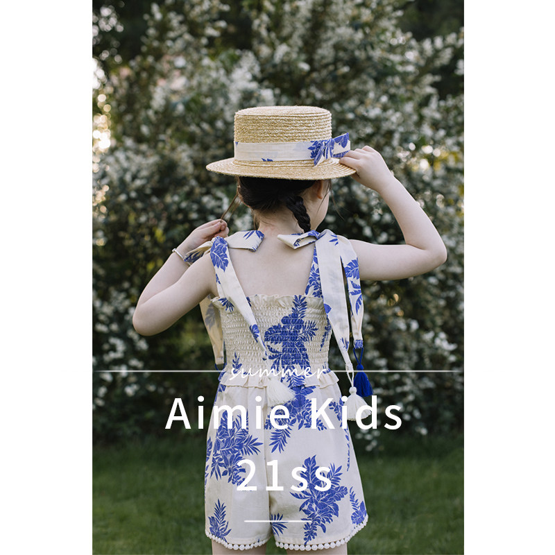 AimieKids 2022夏女童海边度假沙滩吊带连体短裤进口全棉蓝色印花