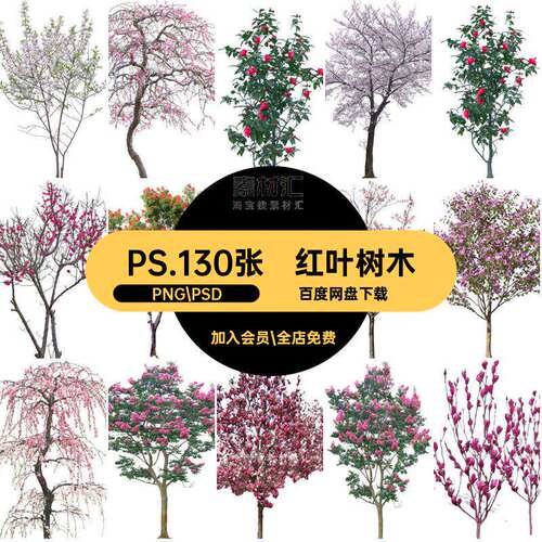 李乔树木灌紫薇灌木花园林景观紫荆素材红叶红叶分层桃花PNG.