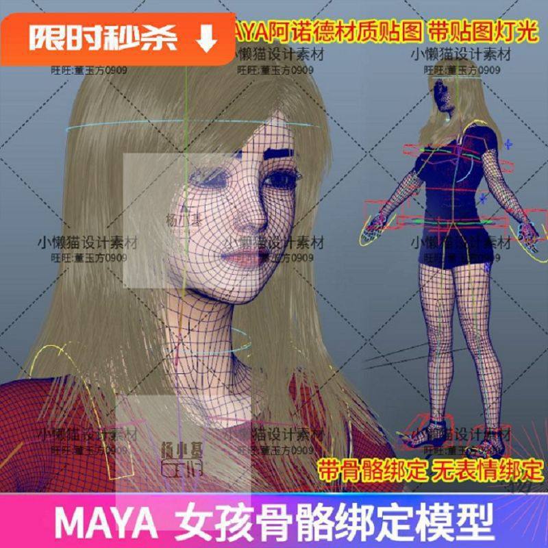 1个美女骨骼绑定模型贴图阿诺德人物灯光材质.mb带骨骼绑定Maya