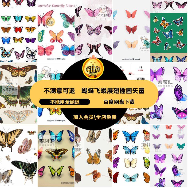 彩色飞蛾展翅插画装饰美丽手绘翅膀矢量图图案AI蝴蝶飞蛾展翅装饰