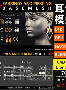 blender耳环耳钉耳饰穿孔首饰C4D模型3D素材max fbx obj文件MX742